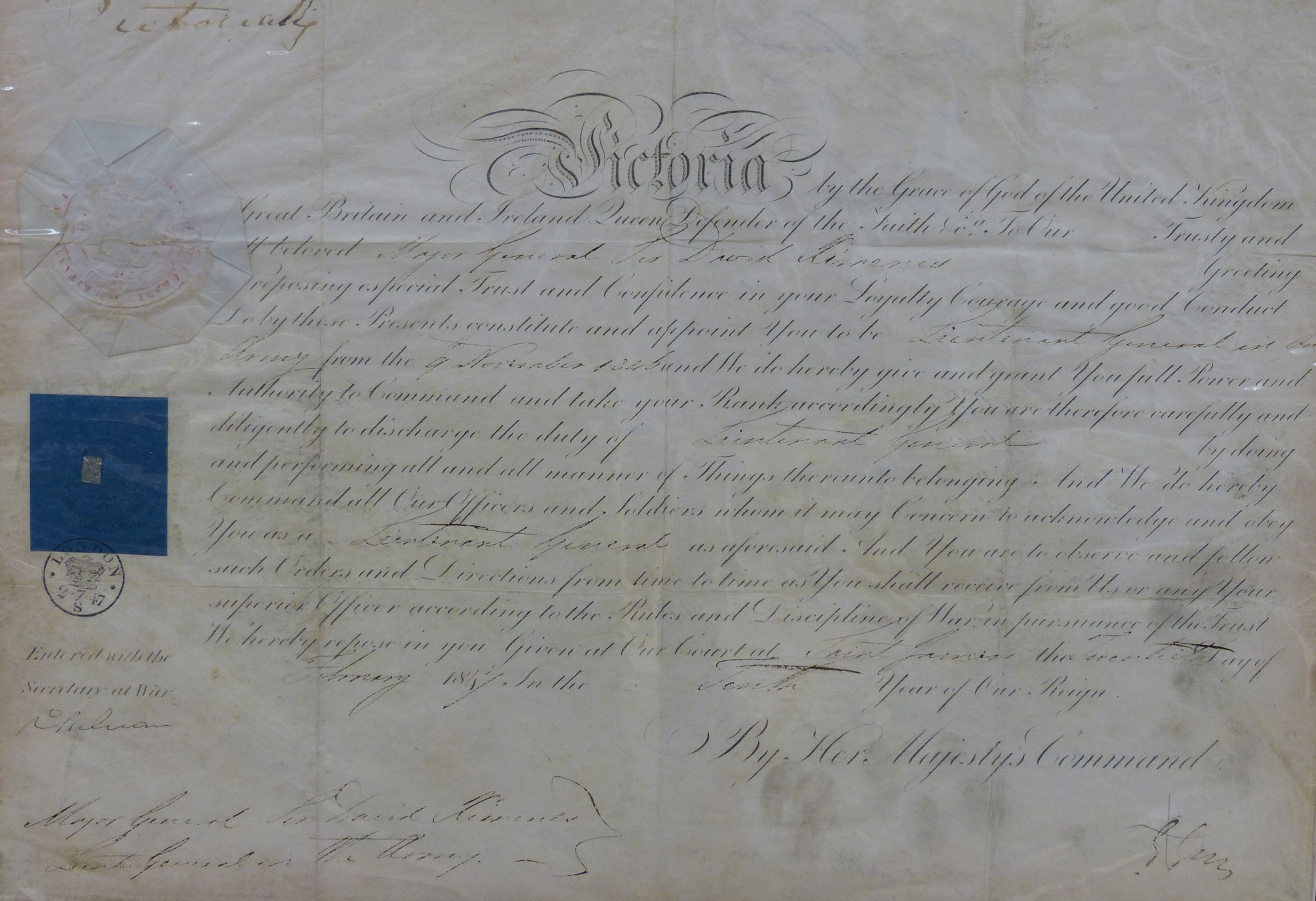 A Victorian document of promotion to Lieutenant General sir David…? Stamped 1847
